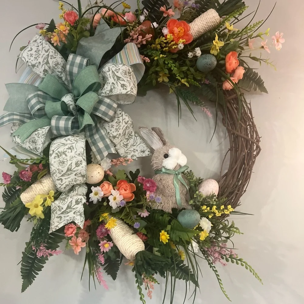 Floral Spring Wreath with Bunny and Bow